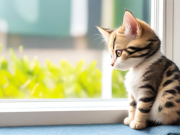 Photo cute domestic kitten sits at the window staring outside generative ai