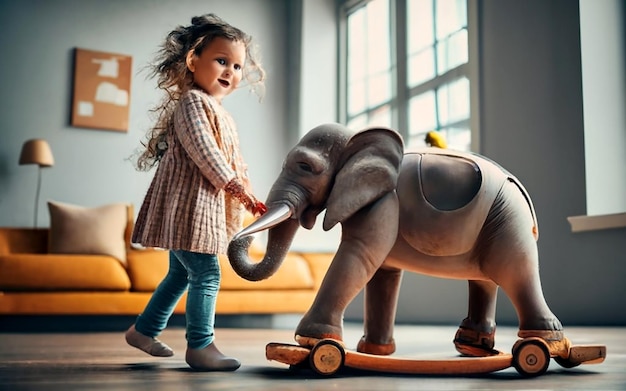 Photo cute elephant toy brings joy to child playful in