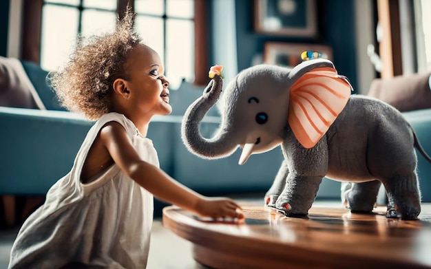 Photo cute elephant toy brings joy to child playful in