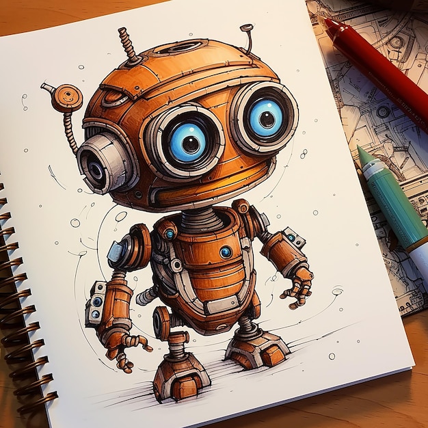 Photo a cute a friendly robot draws on paper