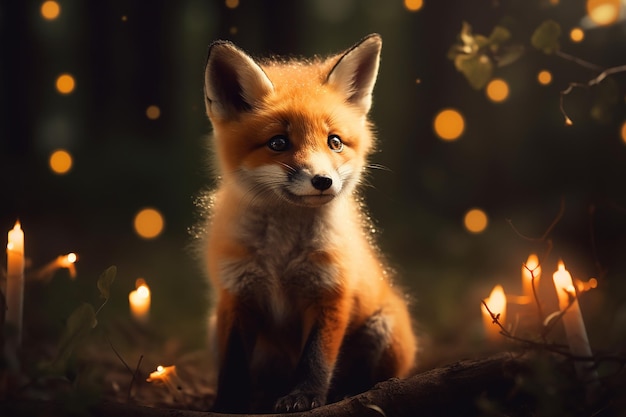 Photo of a cute and funny fox cub sitting in the forest with lights in the background