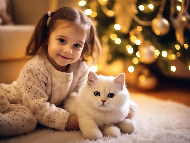 A photo of cute girl celebrating merry Christmas with cat