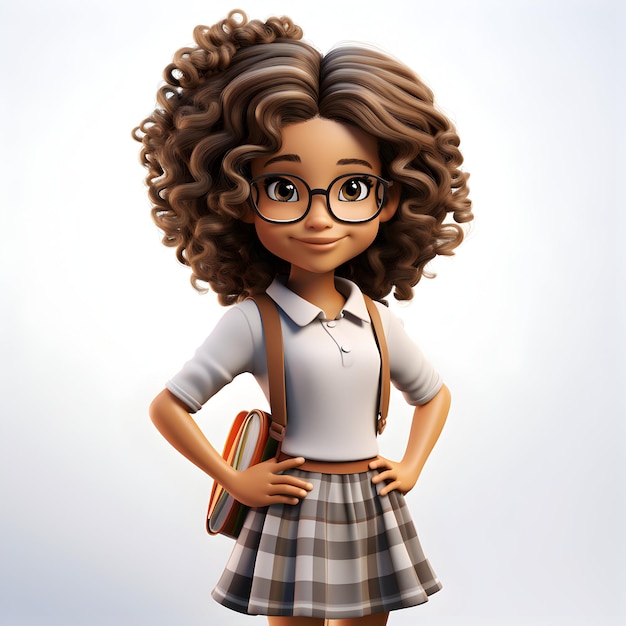 Photo cute girl happy cartoon character ready for going to school on white generative ai