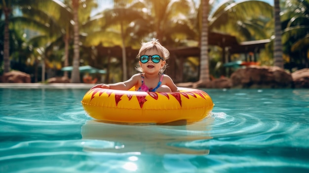 Photo of a cute girl on inflatable ring on water ai generative