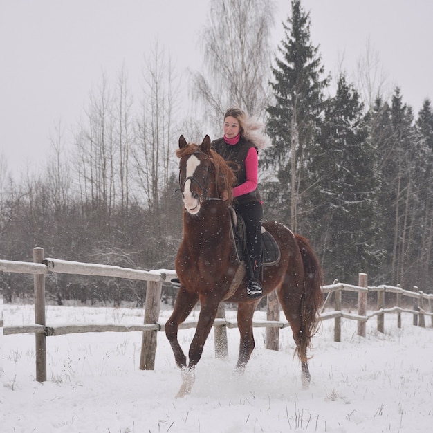 photo of a cute girl riding a horse on a winter background