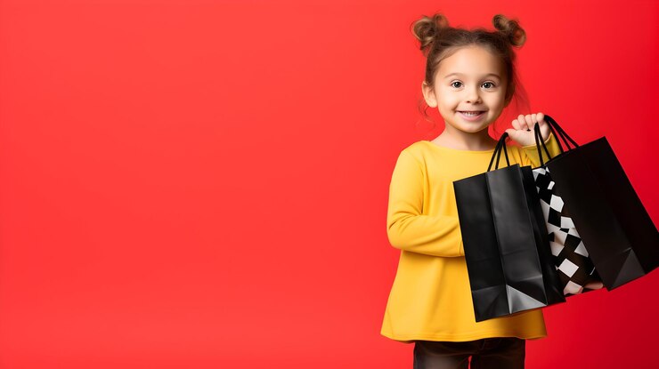 Photo photo cute girl with shopping bag sale consumerism black friday concept