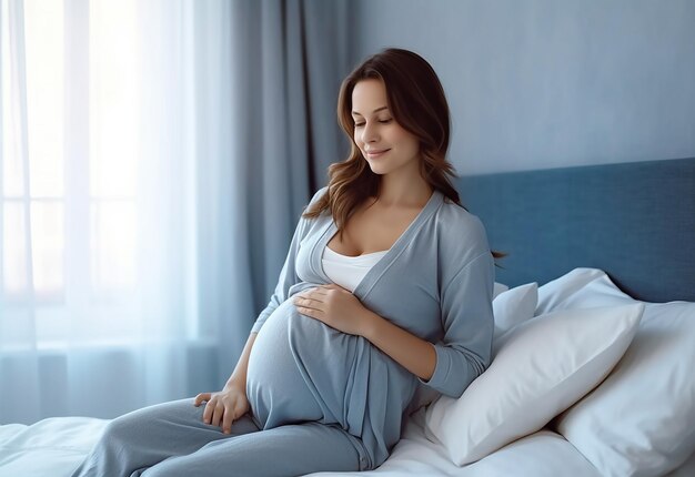 Photo of cute and happy pregnant mother woman touching her belly