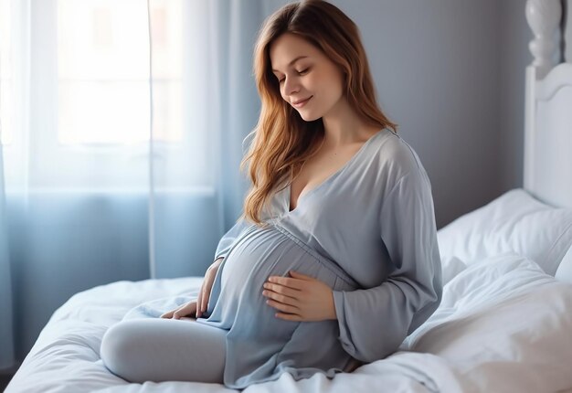 Photo of cute and happy pregnant mother woman touching her belly