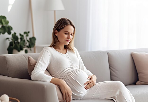 Photo of cute and happy pregnant mother woman touching her belly