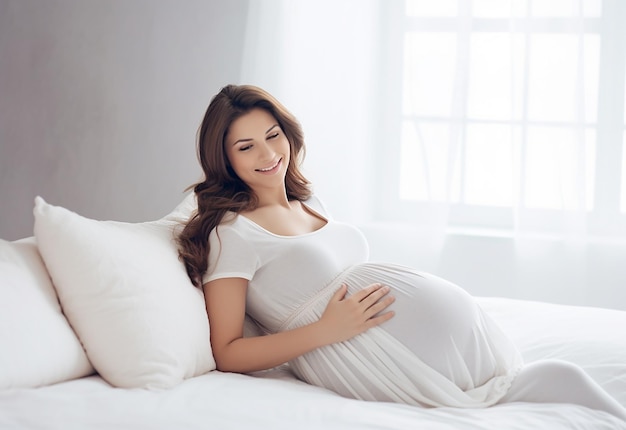 Photo of cute and happy pregnant mother woman touching her belly