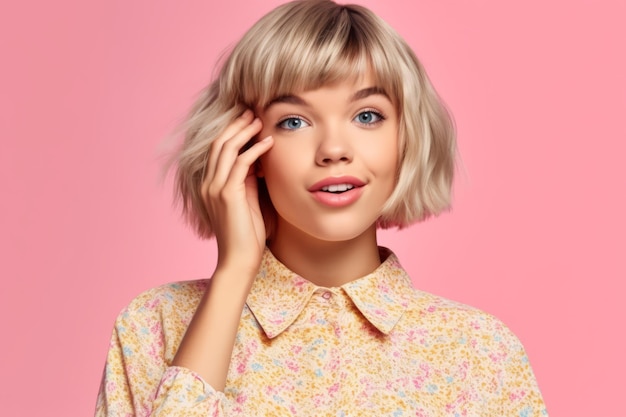 Photo of cute impressed girl bob hairstyle dressed off shoulder shirt staring at unexpected discount