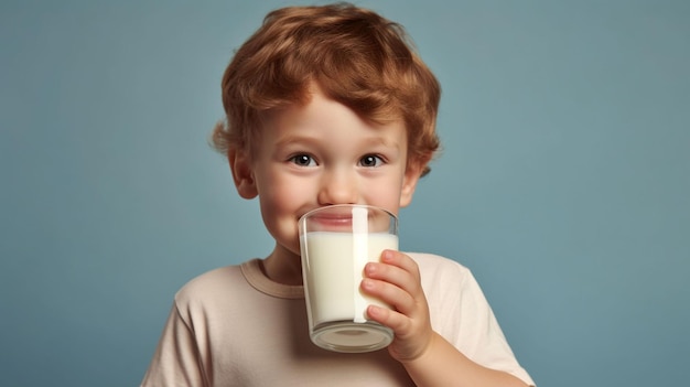 Photo cute kid drinking milk