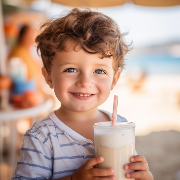 Photo cute kid drinking milk