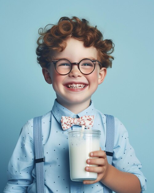 Photo cute kid drinking milk