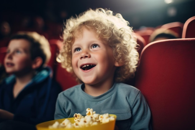 Фотография милого ребенка, смотрящего фильм в кинотеатре