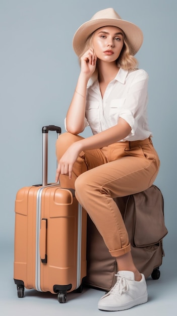 Photo a cute lady sitting on luggage generative ai