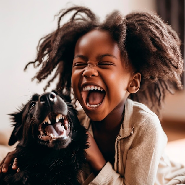 Photo of a cute little girl laughing while playing with her dog AI generated World Laughter Day