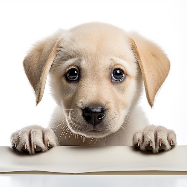 photo of cute little labrador puppy looking through white paper