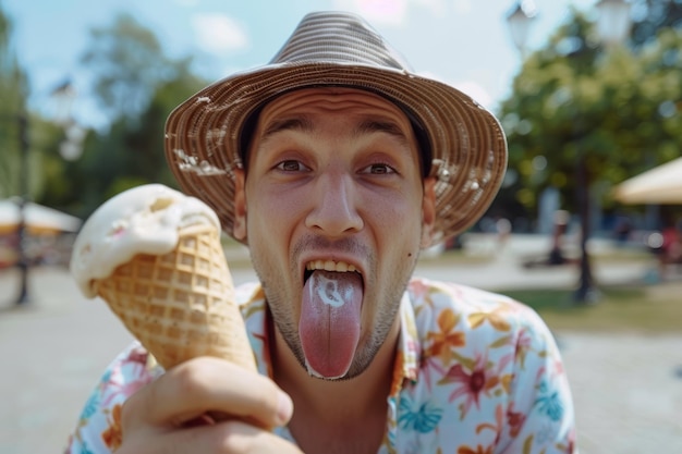 Photo photo cute man with tongue hanging out and big bulging eyes eat ice cream cone