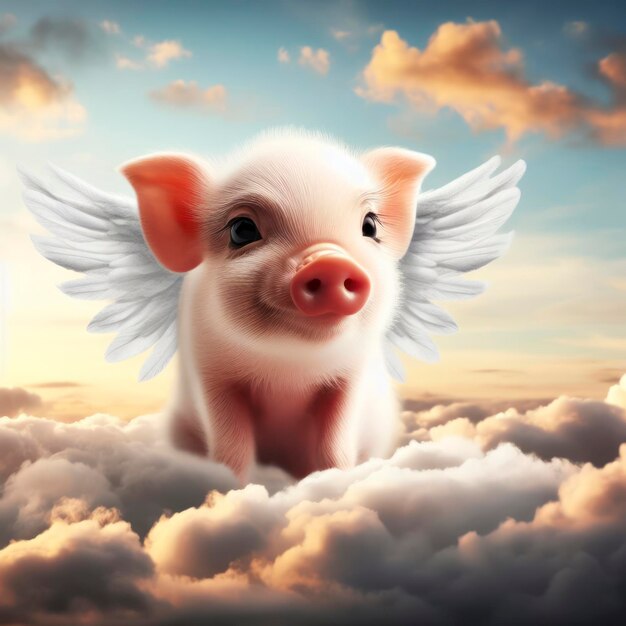 Фото милая свинья с белыми крыльями на фоне красивых облаков в небе ai генератив