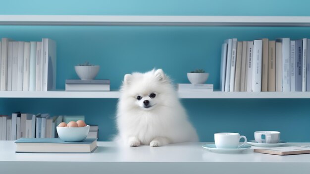 Photo of cute pomeranian sitting in the study with cups and stacks of books