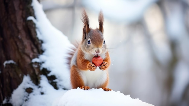 冬に木の実を食べるかわいい赤リスの写真