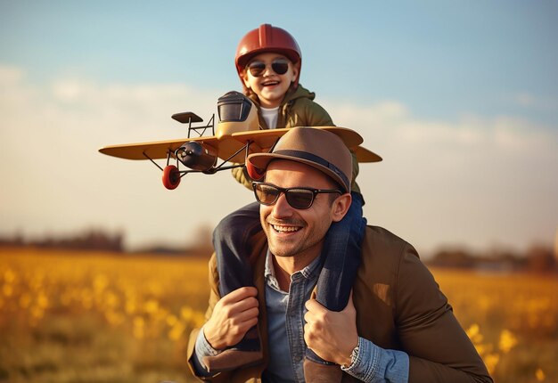 Photo of cute son and father playing with airplane in the nature