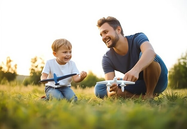 Photo photo of cute son and father playing with airplane in the nature