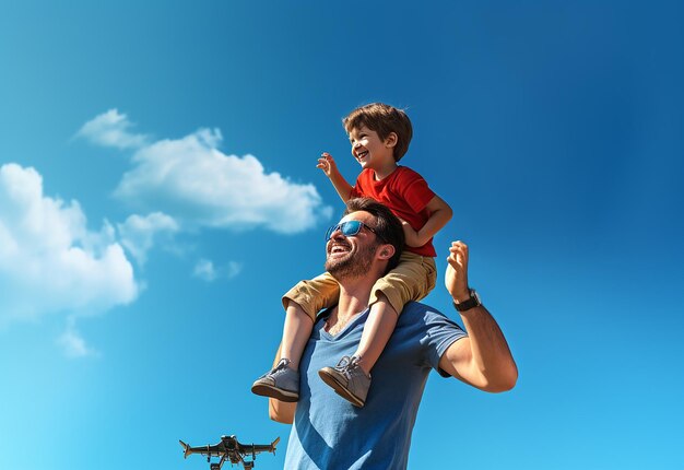 Photo of cute son and father playing with airplane in the nature