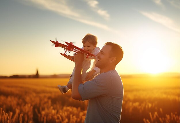 Photo of cute son and father playing with airplane in the nature