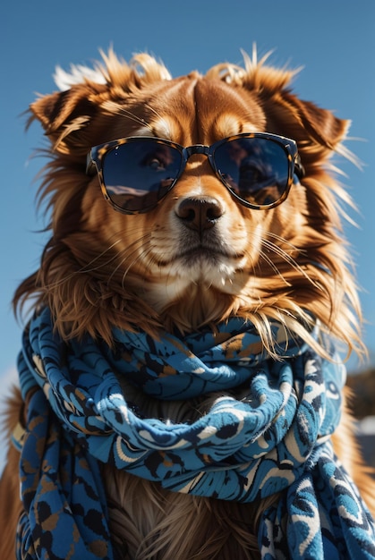 Photo cute terrier puppy in sunglasses posing outdoors generative ai