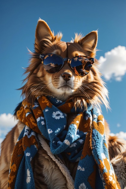 Photo cute terrier puppy in sunglasses posing outdoors generative ai