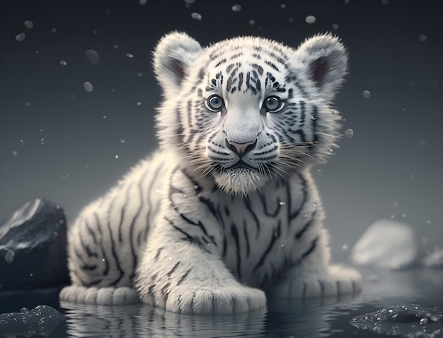 Фото милого белого снежного тигра на ледниковом генеративном ИИ