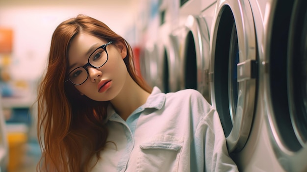photo of a cute young nerdy woman sleep in a laundromat room