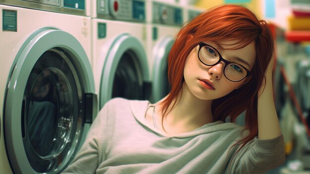 photo of a cute young nerdy woman sleep in a laundromat room