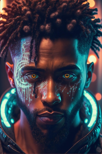 Portrait of a men in a futuristic cyberpunk style in neon clothes. A  high-tech man