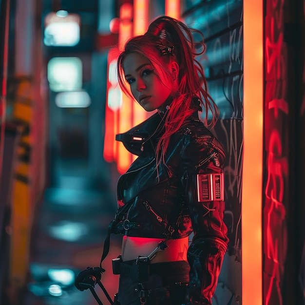 Photo of a cyberpunk woman in night city