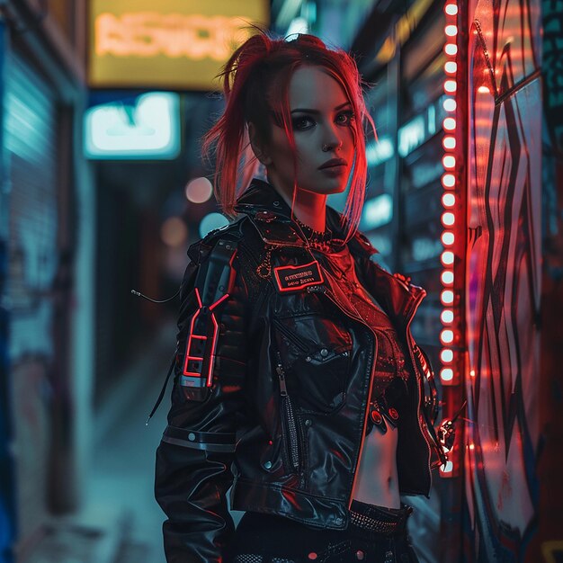 Photo of a cyberpunk woman in night city