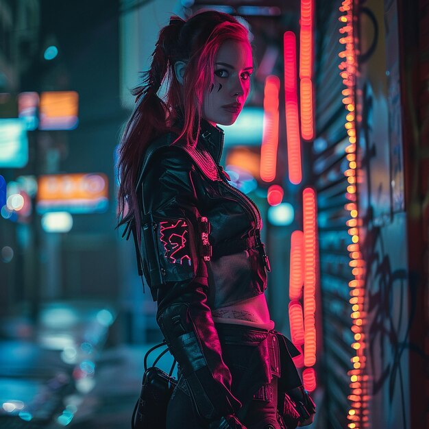 Photo of a cyberpunk woman in night city