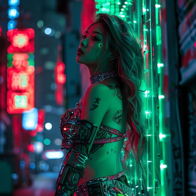 Photo of a cyberpunk woman in night city