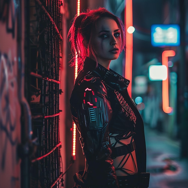 Photo of a cyberpunk woman in night city