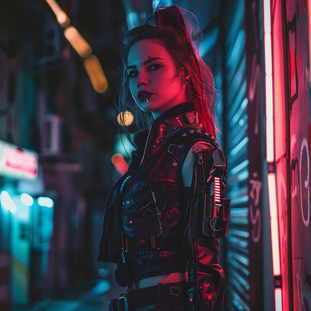 Photo of a cyberpunk woman in night city