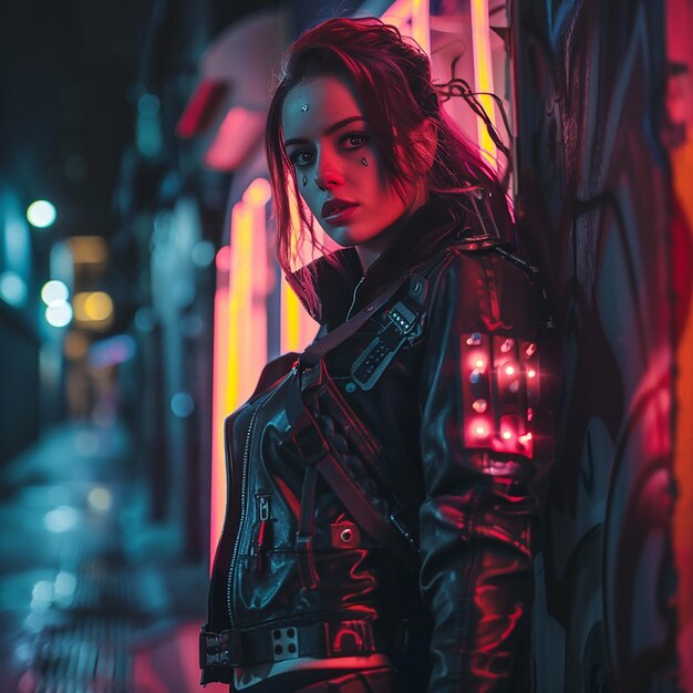 Photo of a cyberpunk woman in night city