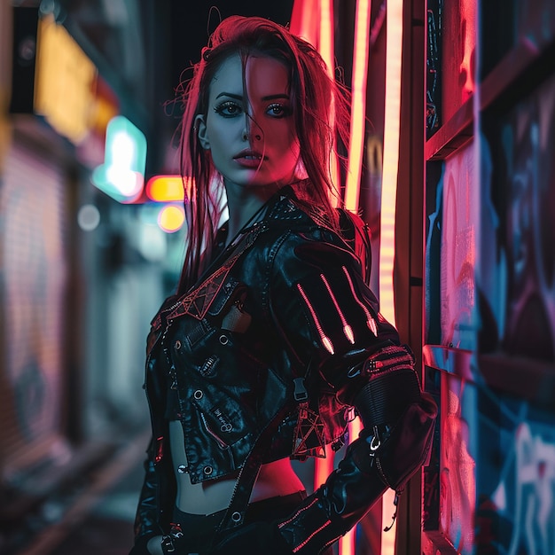 Photo of a cyberpunk woman in night city