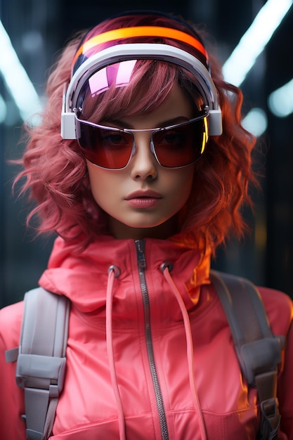 サイバーパンク女性の肖像画 未来的なネオンスタイル
