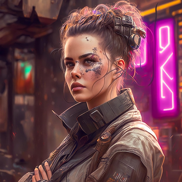 Photo of a cyberpunk woman portrait a young girl