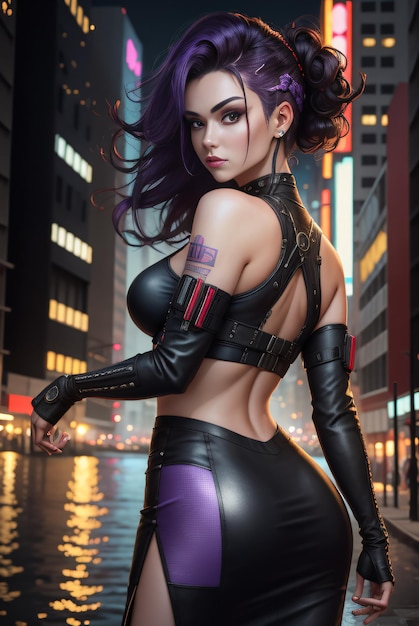 Photo of a cyberpunk woman showing backfuturistic clothes