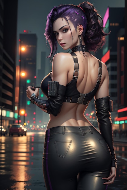 Photo of a cyberpunk woman showing backfuturistic clothes