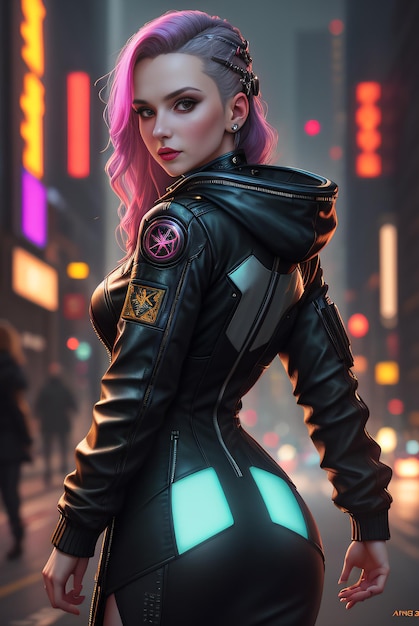 Photo of a cyberpunk woman showing backfuturistic clothes