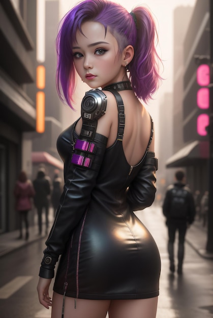 Photo of a cyberpunk woman showing backfuturistic clothes